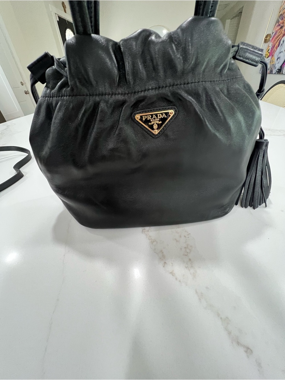 Black Leather Drawstring Shoulder Bag